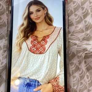 Lucky Brand Cream and Red Boho Blouse